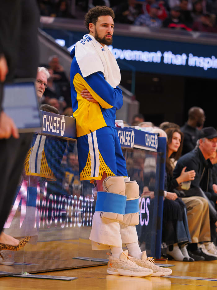 Golden State Warriors guard Klay Thompson (11) waits to reenter the game during the third quarter against the Los Angeles Clippers at Chase Center.
